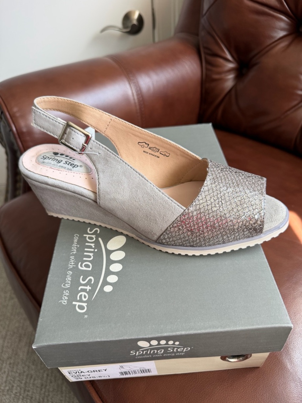 Spring Step Grey Textured Peep-Toe Slingback Wedges